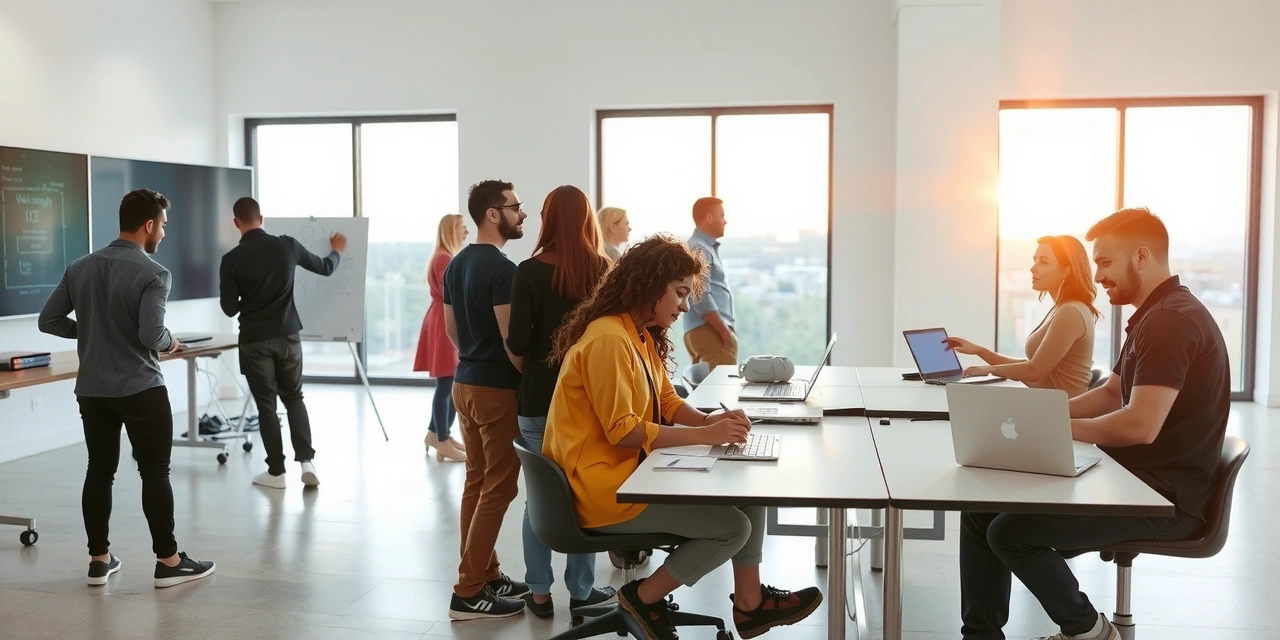 Modern office environment with team collaborating on digital projects